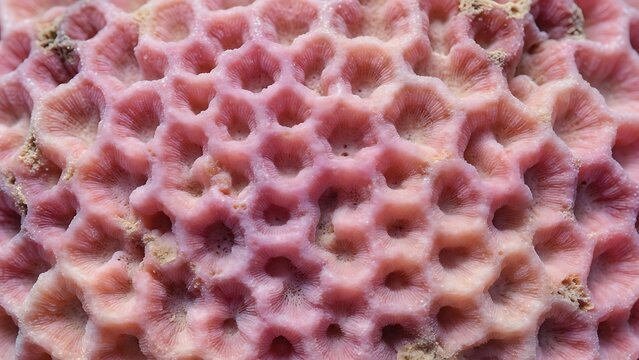 Close-up macro texture of pink porous coral skeleton with honeycomb pattern.
