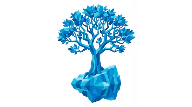 Abstract Blue Geometric Tree Growing from Floating Low Poly Rock Island, Modern Digital Graphic Art Isolated on White
