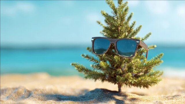 A small pine tree at the beach with sunglasses on it.