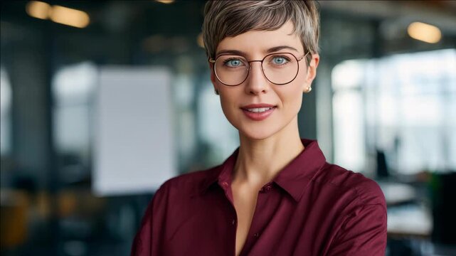 Serene woman with short hair and glasses closes eyes gently. She wears a maroon button-down shirt, standing still. Office background softly blurred, with warm lighting