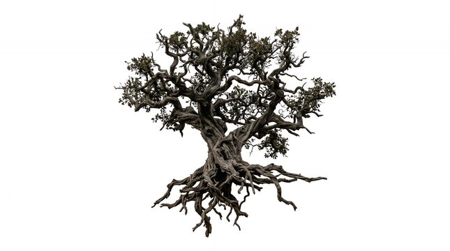 Ancient Gnarled Tree with Extensive Root System and Twisted Branches Isolated on White for Design and Nature Art