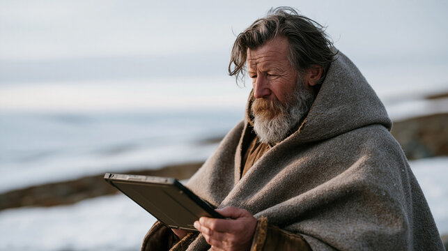 Sami reindeer herder in his fifties examines a personalized learning path recommendation on a rugged outdoor tablet, vocational agriculture modules sequenced by an algorithm while
