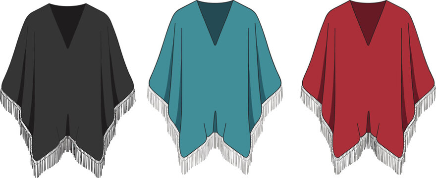 Women's stylish poncho collection with fringe trim detail in multiple colors for fashion design technical flat sketch image_37c02b.jpg
