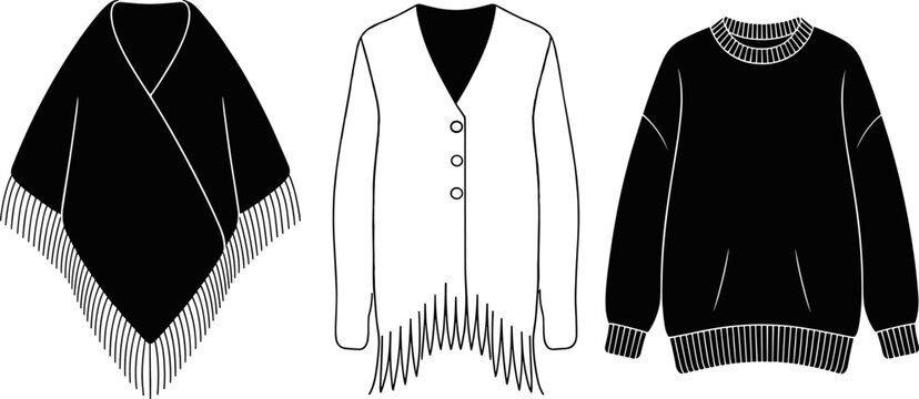 Women's winter knitwear collection including fringe poncho, fringed cardigan, and oversized sweater fashion design flat technical sketches image_381e61.jpg