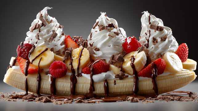 Banana split topped with tall whipped cream peaks, glossy chocolate syrup and fresh fruit, soft studio lighting, premium dessert photography