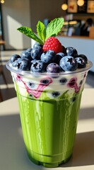 Naklejka premium Iced matcha latte with fresh berries and mint in a clear cup. Creamy drink with blueberries, raspberry, and leaves garnishing topping. Refreshing summer beverage served at cafe.