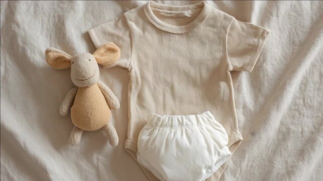 A baby's outfit placed next to a beige stuffed bunny rabbit on a white sheet with textured background. The attire includes a pair of off-white pajamas and a set of white diapers.