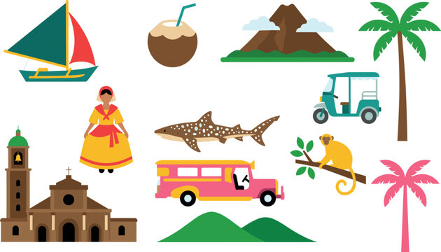 Philippines travel culture and landmarks vector flat icon set featuring jeepney vinta boat chocolate hills tarsier whale shark and minor basilica church