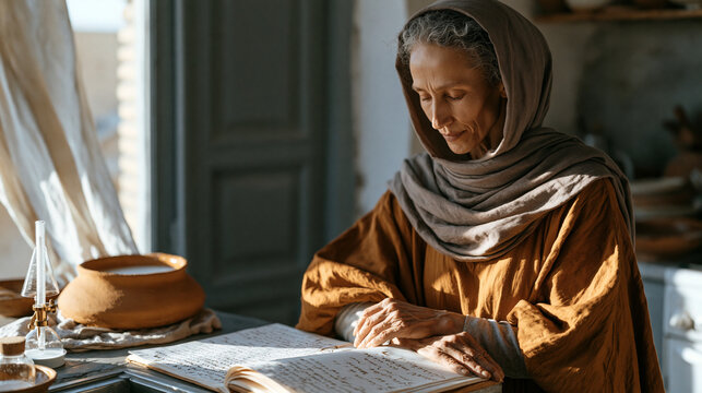 Iranian home brewer in a sunlit apartment kitchen monitors a clay vessel of fermented yogurt drink, hydrometer resting on the counter, handwritten fermentation log open,