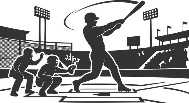 Baseball batter hitting home run in stadium with catcher