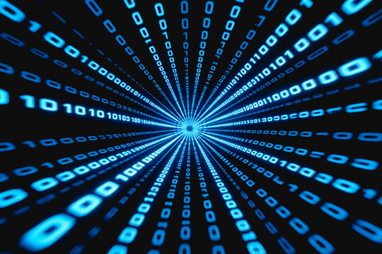 Glowing blue binary digits stream radially toward a central point, representing digital data flow and technology.