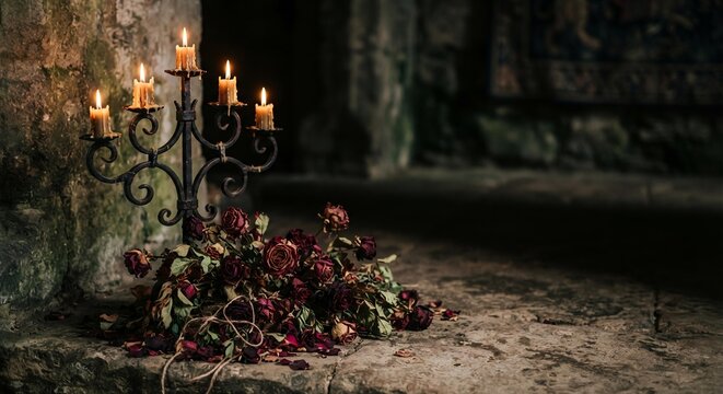 Wrought Iron Candelabra with Lit Candles and Dried Roses, Moody Gothic Halloween Background for Seasonal Marketing