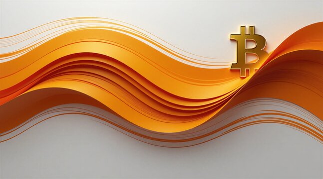 Golden Bitcoin symbol on abstract orange waves. Digital currency finance background. Modern crypto wealth concept for investment and trading. Dynamic market growth illustration.