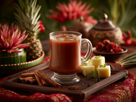 Bandrek served with patriotic festive styling, traditional Indonesian beverage, premium commercial photography
