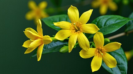 Obraz premium Close-up view of bright yellow jasmine flowers with green leaves and buds. Delicate petals unfurl against a soft dark background. Captures natural beauty.
