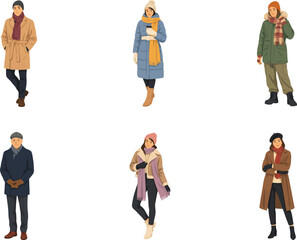 Fototapeta premium Diverse group of people in winter clothing full body illustrations