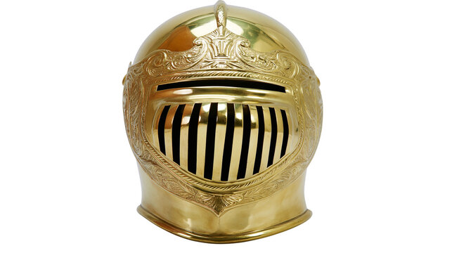 Ornate golden knight helmet with visor and decorative engravings