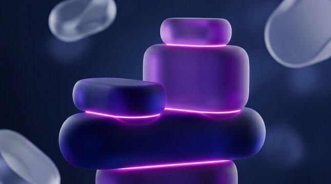 Glowing purple stones stacked on top of each other with neon lights