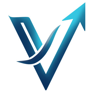 Metallic blue gradient letter V logo design with upward growth arrow, modern abstract financial corporate identity icon and technology business branding emblem