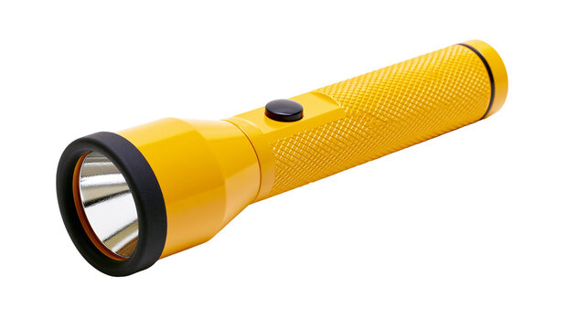 Yellow metal flashlight with black grip and button
