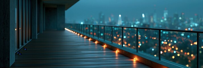 Fototapeta premium Wooden deck balcony with glass railing and warm floor lights overlooking a blurred cityscape for evening wallpaper and background