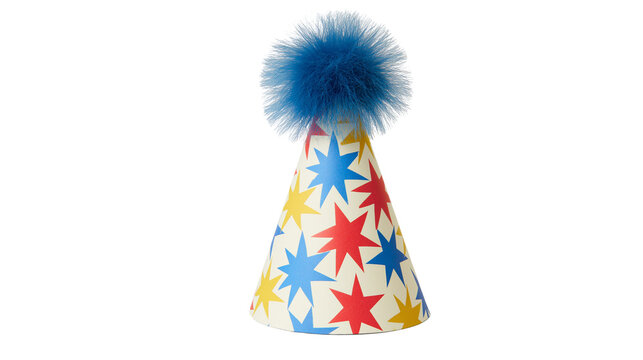 Party hat with blue pom-pom and star pattern