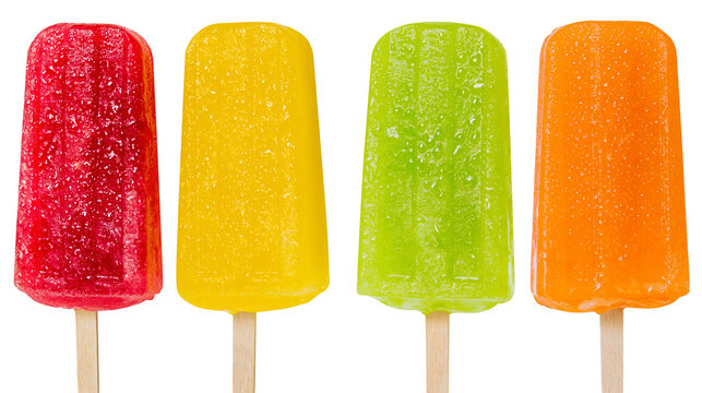 Four colorful fruit popsicles on sticks