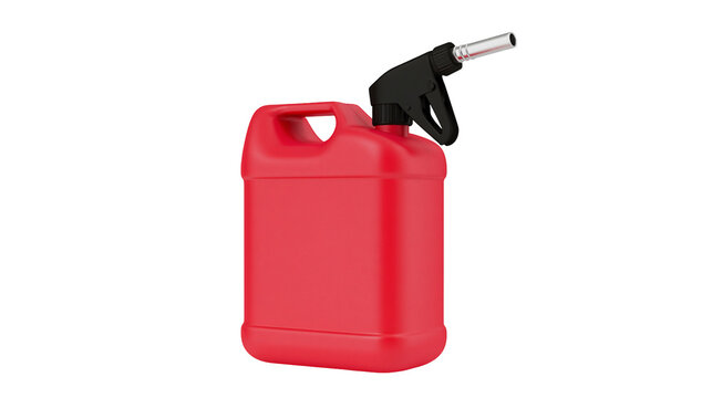 Red plastic jerrycan with black spout and handle