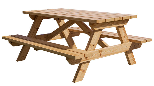 Wooden picnic table with attached benches