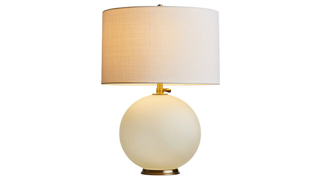 Cream spherical table lamp with textured linen shade and brass accents