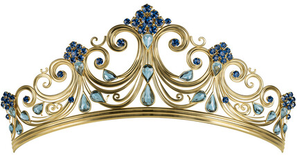 Ornate golden tiara with blue crystals and teardrop gems © Solene