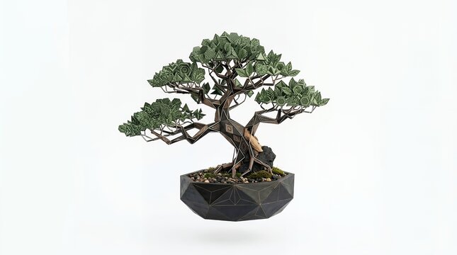 Modern Geometric Bonsai Tree with Patterned Leaves and Artistic Trunk in a Stylish Low Poly Black Pot Isolated on White