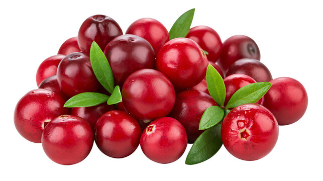 Pile of fresh red cranberries with green leaves