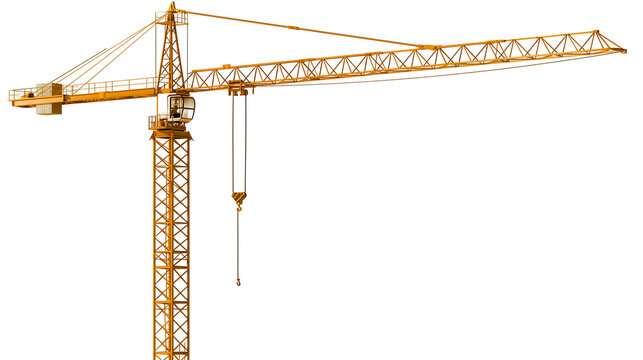 Yellow construction tower crane with hook and cable