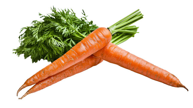 Two fresh orange carrots with green leafy tops