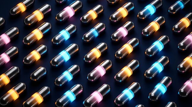 Colorful glowing capsules on dark background in neat rows and columns pattern