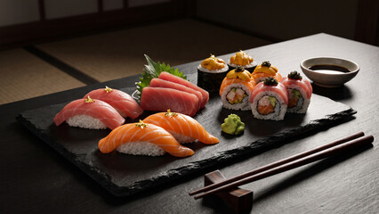 Delicious sushi on a black plate with chopsticks © Samiul