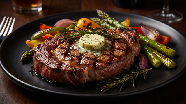 Delicious steak with asparagus and sauce on plate