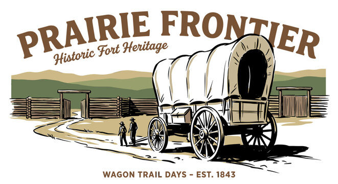 Vintage American prairie frontier covered wagon at a historic log fort, retro graphic illustration for heritage festival and t-shirt design.