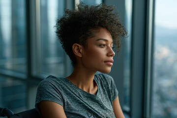Fototapeta premium Side profile young woman gazing out large window in modern highrise for banner and social media background with soft natural light
