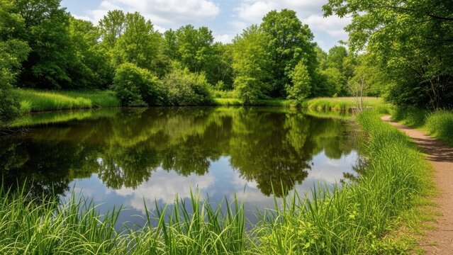 Serene forest pond reflection