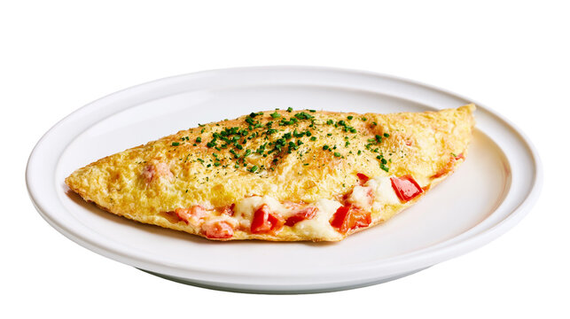 Golden Omelette with Cheese and Tomato Filling Sprinkled with Chives