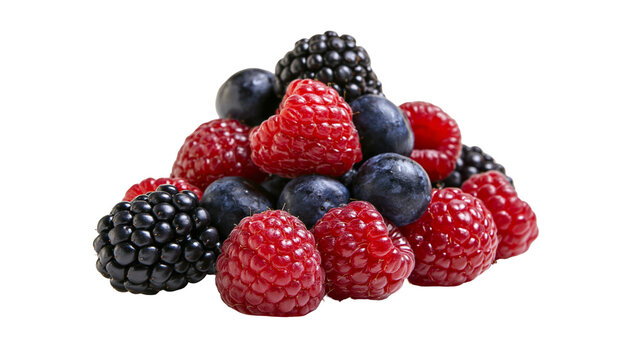 Pile of fresh raspberries blueberries, and blackberries