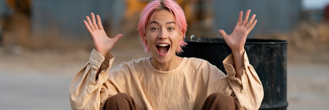 Excited young person sitting with hands up in surprised pose near barrels outdoors for banner background and promotional design