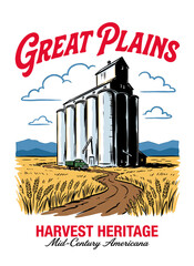 Vintage Great Plains grain elevator in a golden wheat field with farm truck, retro graphic illustration for t-shirt design and rural branding © brutalism studio