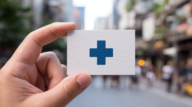 Close up of a hand holding a medical insurance card with a blue cross symbol