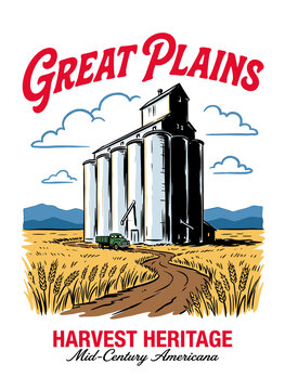 Vintage Great Plains grain elevator in a golden wheat field with farm truck, retro graphic illustration for t-shirt design and rural branding