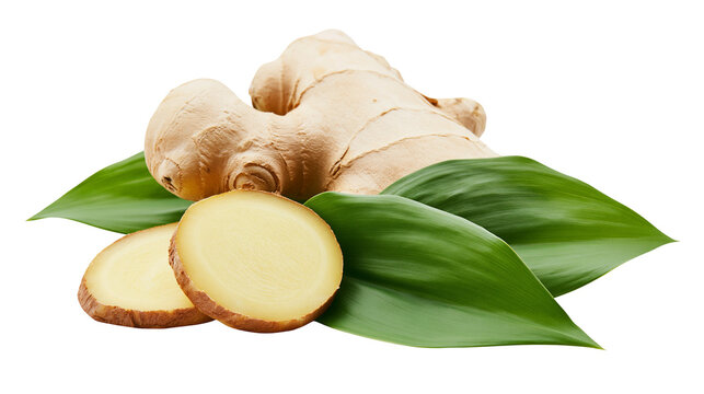 Fresh ginger root with slices and green leaves