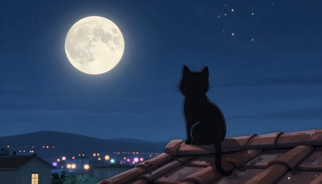 lofi black cat sitting on clay tile roof at night