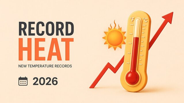 Record heat new temperature records concept with thermometer and sun illustration 2026, global warming and climate change, environmental concern, extreme weather conditions, rising temperatures.